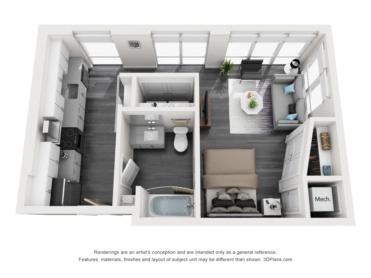 Floor plan for studio, 1 bath, 520 sqft